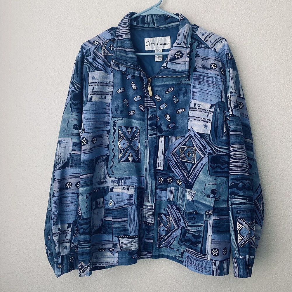 Oleg Cassini Jacket Womens Large Silk Printed Front Zip Vintage Blue